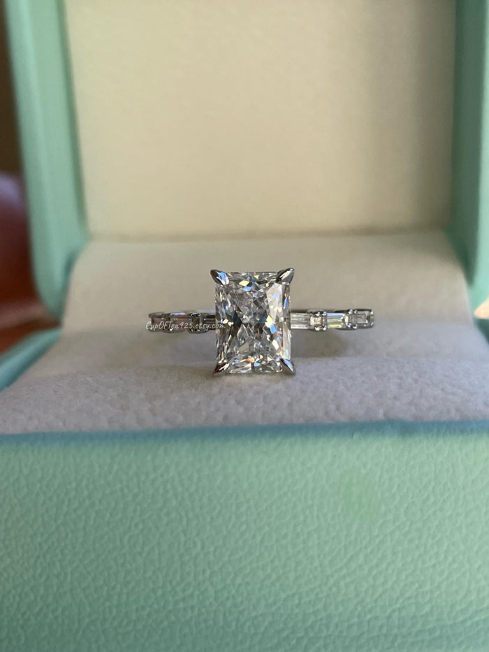 Sterling Silver 925 engagement ring with 2 carat radiant cut simulated diamond, yellow gold vermeil radiant cut engagement ring