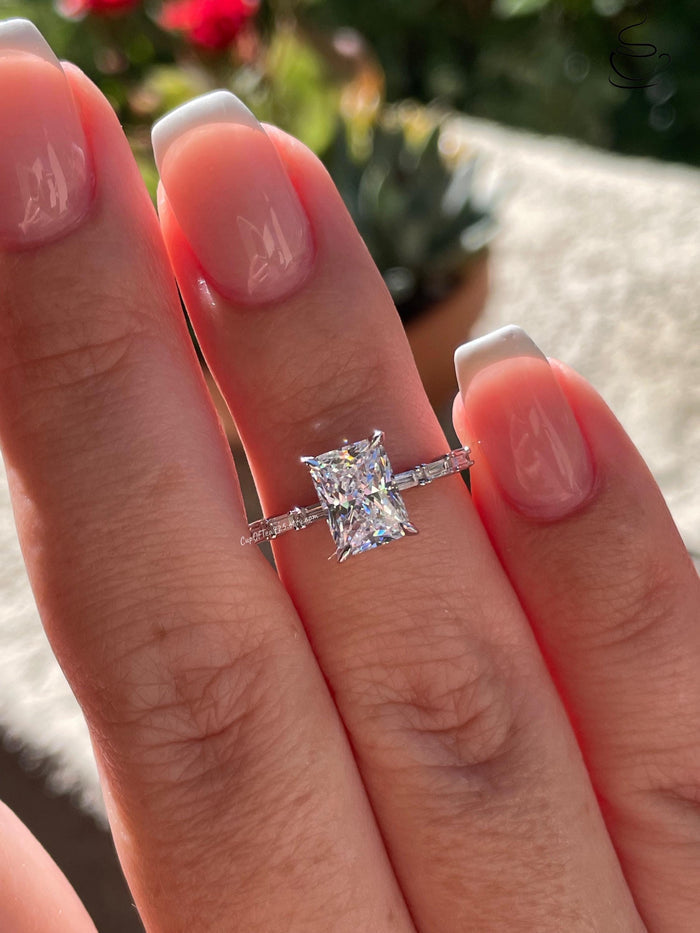 Sterling Silver 925 engagement ring with 2 carat radiant cut simulated diamond, yellow gold vermeil radiant cut engagement ring