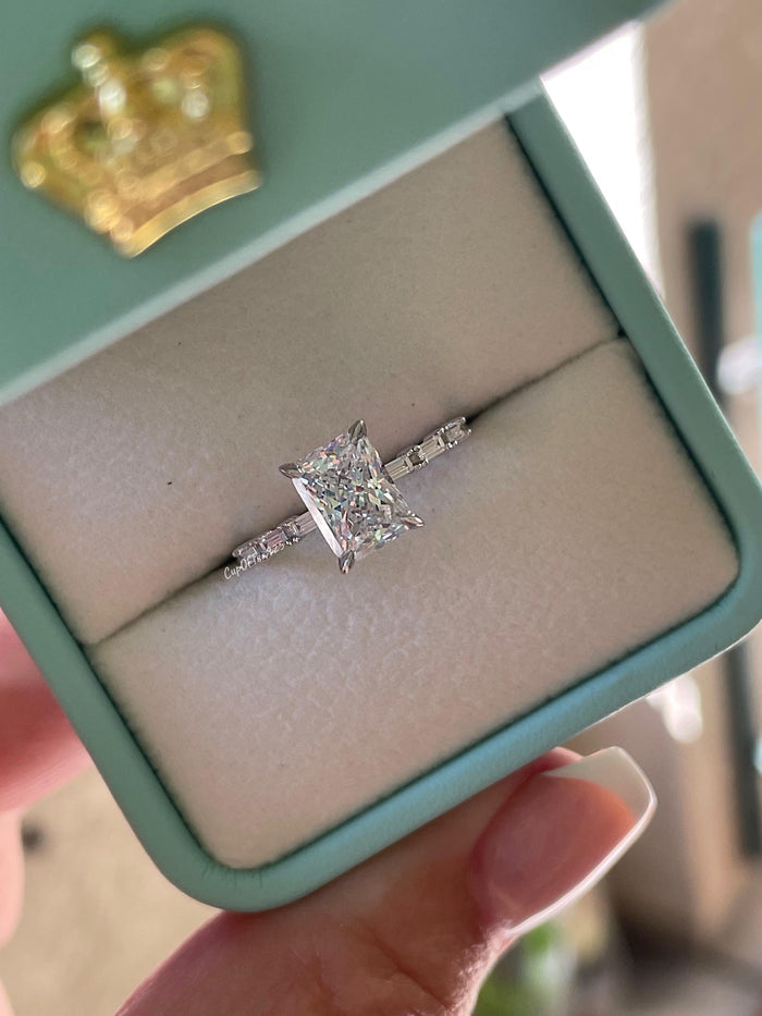 Sterling Silver 925 engagement ring with 2 carat radiant cut simulated diamond, yellow gold vermeil radiant cut engagement ring