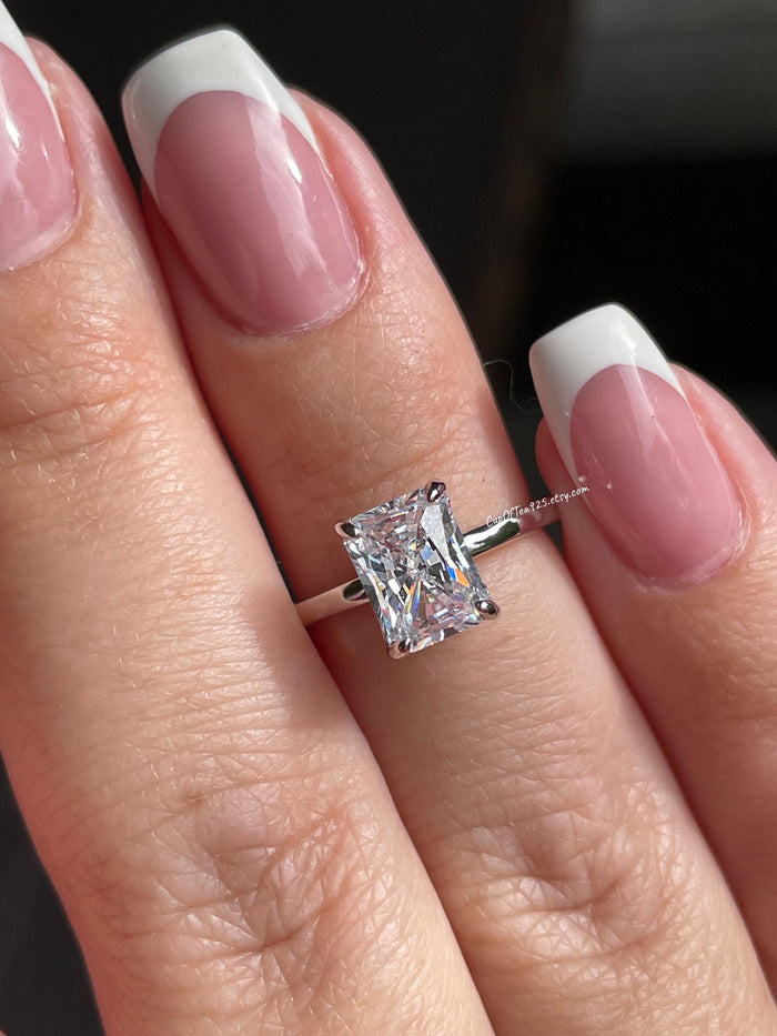 Sterling Silver 925 engagement ring with 2CT, 3CT radiant cut simulated diamond and hidden halo, radiant cut ring, proposal enagagement ring