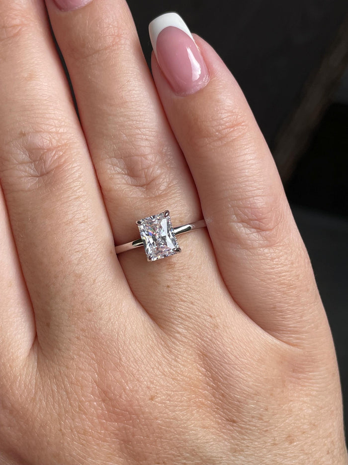 Sterling Silver 925 engagement ring with 2CT, 3CT radiant cut simulated diamond and hidden halo, radiant cut ring, proposal enagagement ring