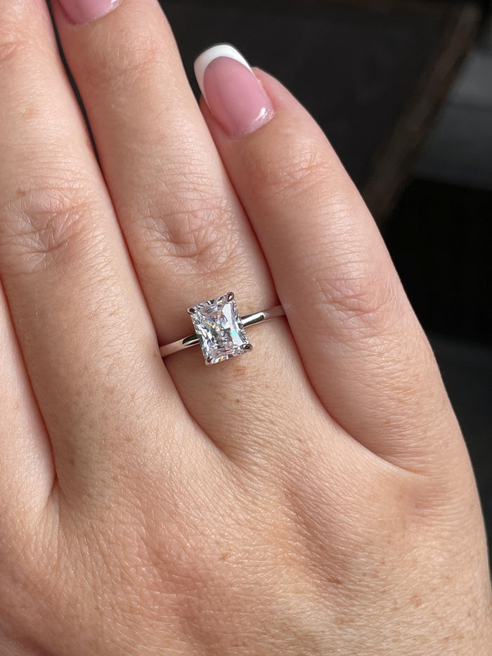 Sterling Silver 925 engagement ring with 2CT, 3CT radiant cut simulated diamond and hidden halo, radiant cut ring, proposal enagagement ring