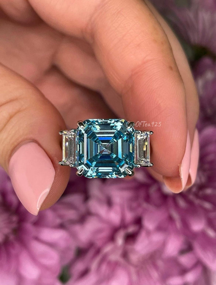 Sterling Silver 925 engagement ring with 7CT Blue Aquamarine Asscher Cut Simulated Diamond