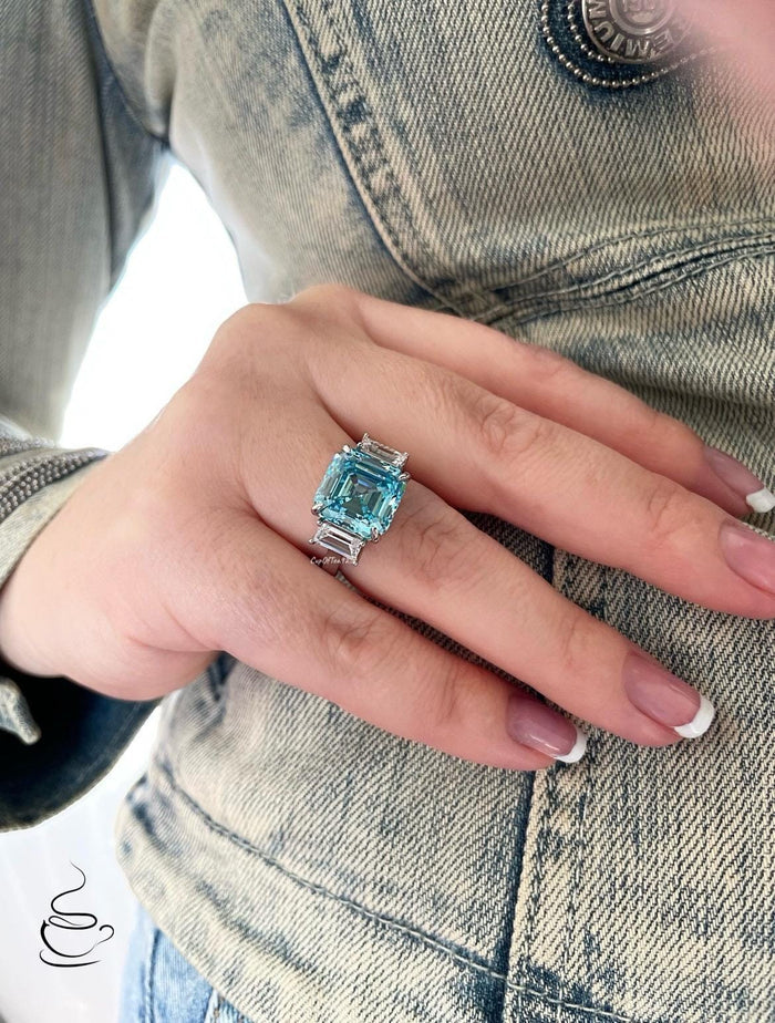 Sterling Silver 925 engagement ring with 7CT Blue Aquamarine Asscher Cut Simulated Diamond