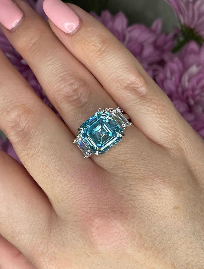 Sterling Silver 925 engagement ring with 7CT Blue Aquamarine Asscher Cut Simulated Diamond