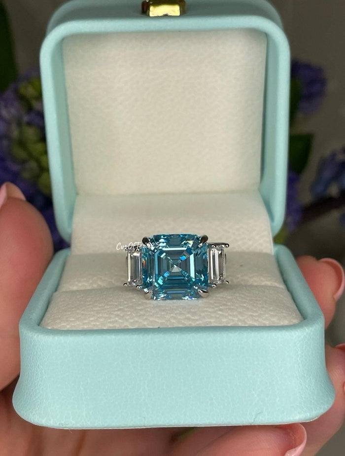 Sterling Silver 925 engagement ring with 7CT Blue Aquamarine Asscher Cut Simulated Diamond