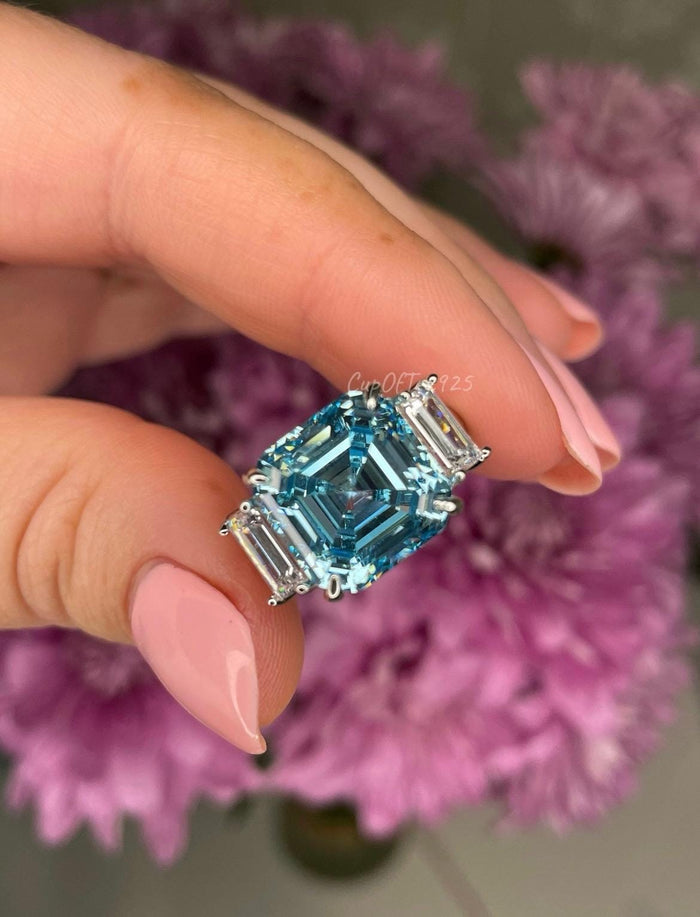 Sterling Silver 925 engagement ring with 7CT Blue Aquamarine Asscher Cut Simulated Diamond