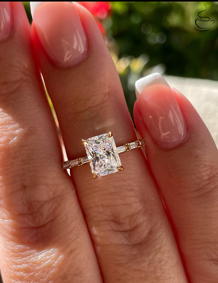 Sterling Silver 925 engagement ring, yellow gold vermeil engagement ring with 2CT radiant cut simulated diamond and baguettes