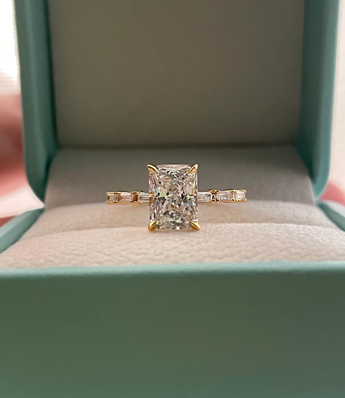 Sterling Silver 925 engagement ring, yellow gold vermeil engagement ring with 2CT radiant cut simulated diamond and baguettes