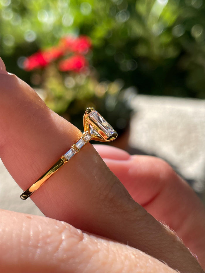 Sterling Silver 925 engagement ring, yellow gold vermeil engagement ring with 2CT radiant cut simulated diamond and baguettes