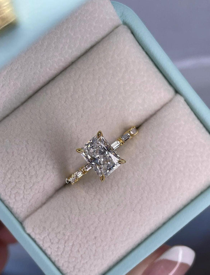 Sterling Silver 925 engagement ring, yellow gold vermeil engagement ring with 2CT radiant cut simulated diamond and baguettes