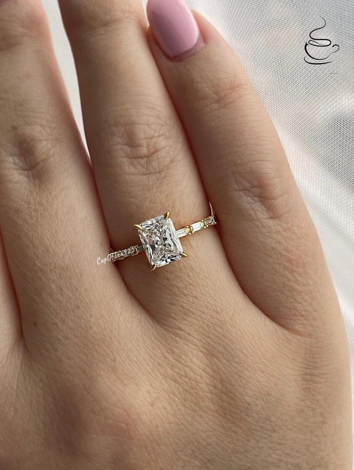 Sterling Silver 925 engagement ring, yellow gold vermeil engagement ring with 2CT radiant cut simulated diamond and baguettes