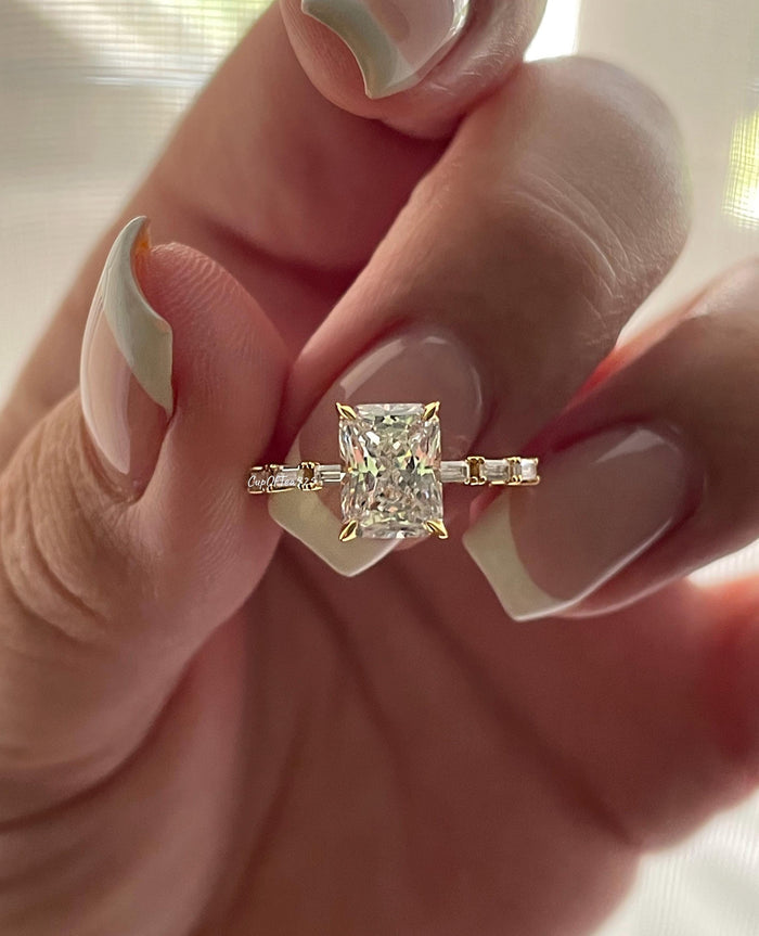 Sterling Silver 925 engagement ring, yellow gold vermeil engagement ring with 2CT radiant cut simulated diamond and baguettes