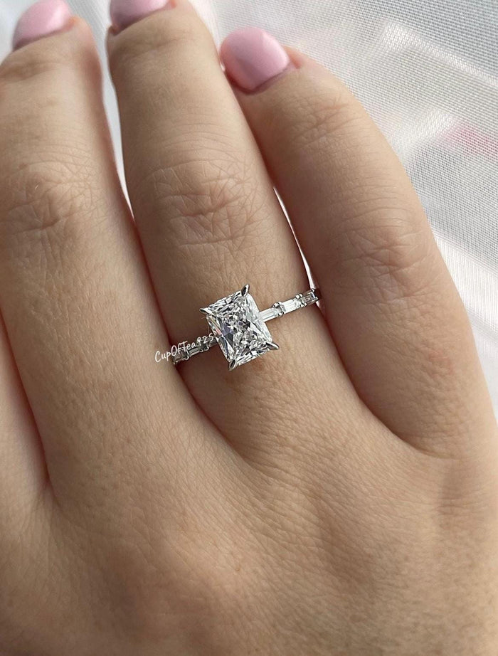 Sterling Silver 925 engagement ring, yellow gold vermeil engagement ring with 2CT radiant cut simulated diamond and baguettes