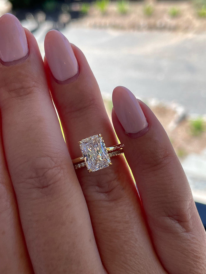 Sterling Silver 925 , gold vermeil Bridal Set with 3 carat Radiant Cut CZ engagement ring with hidden halo and full eternity band