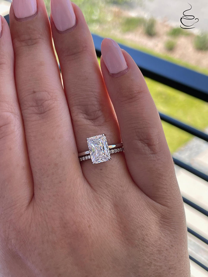 Sterling Silver 925 , gold vermeil Bridal Set with 3 carat Radiant Cut CZ engagement ring with hidden halo and full eternity band