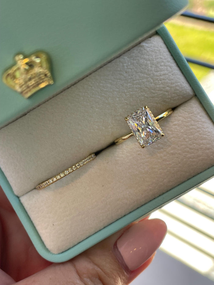 Sterling Silver 925 , gold vermeil Bridal Set with 3 carat Radiant Cut CZ engagement ring with hidden halo and full eternity band