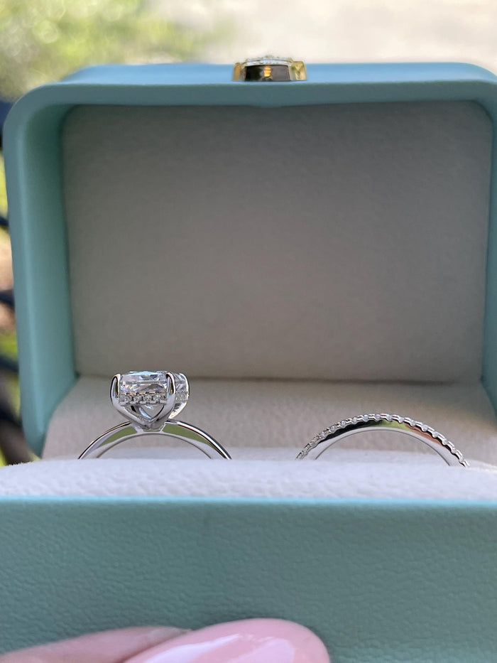 Sterling Silver 925 , gold vermeil Bridal Set with 3 carat Radiant Cut CZ engagement ring with hidden halo and full eternity band