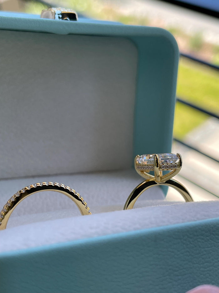 Sterling Silver 925 , gold vermeil Bridal Set with 3 carat Radiant Cut CZ engagement ring with hidden halo and full eternity band