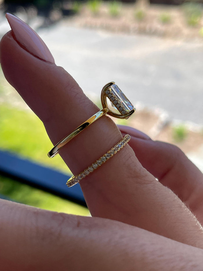 Sterling Silver 925 , gold vermeil Bridal Set with 3 carat Radiant Cut CZ engagement ring with hidden halo and full eternity band