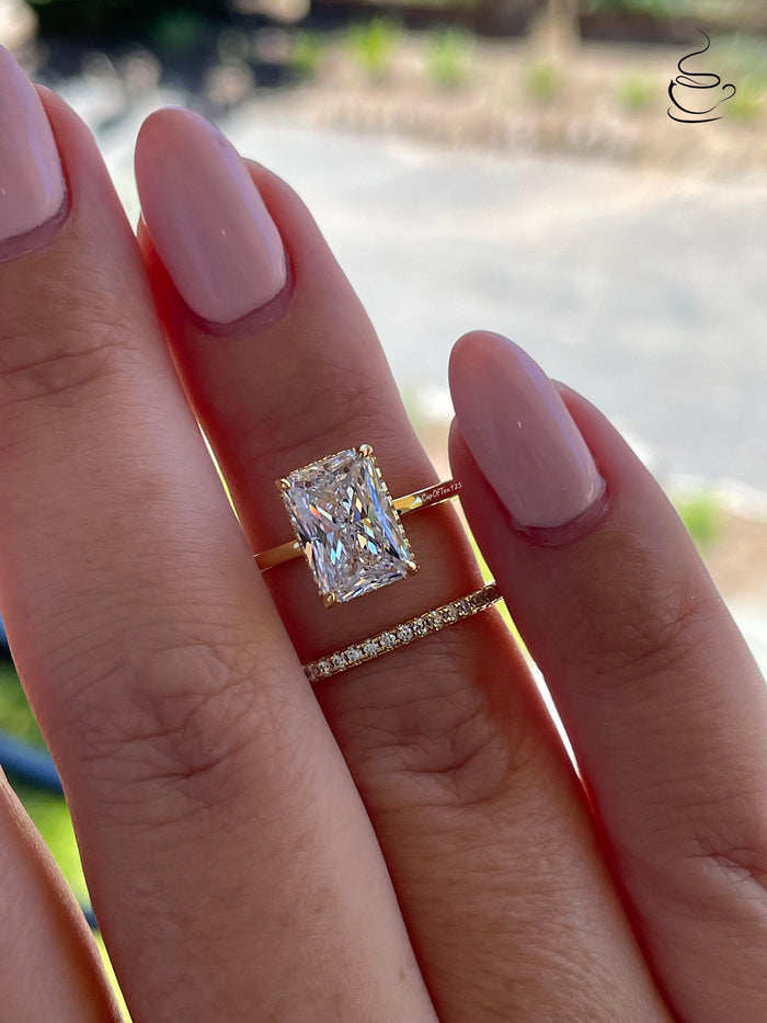 Sterling Silver 925 , gold vermeil Bridal Set with 3 carat Radiant Cut CZ engagement ring with hidden halo and full eternity band