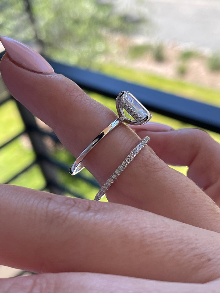 Sterling Silver 925 , gold vermeil Bridal Set with 3 carat Radiant Cut CZ engagement ring with hidden halo and full eternity band