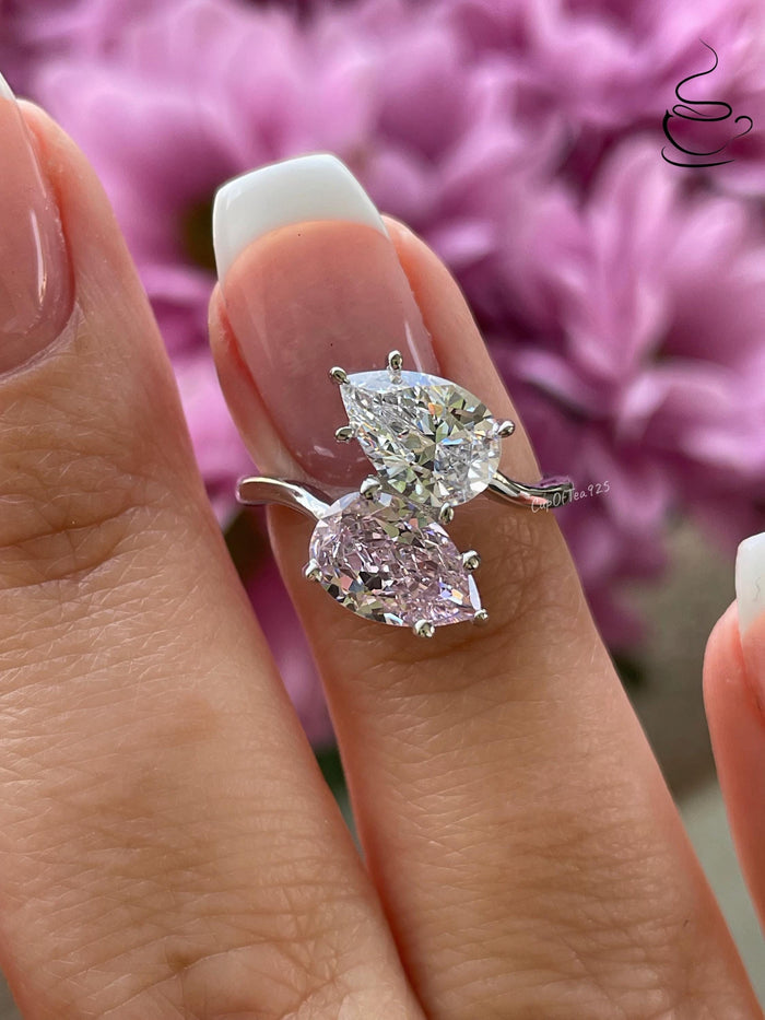 Sterling Silver 925 Toi et Moi engagement Ring, Pink stone ring, gift for her