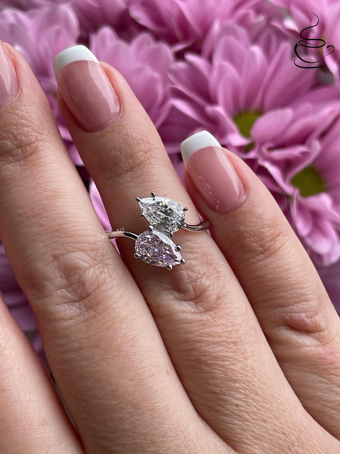 Sterling Silver 925 Toi et Moi engagement Ring, Pink stone ring, gift for her