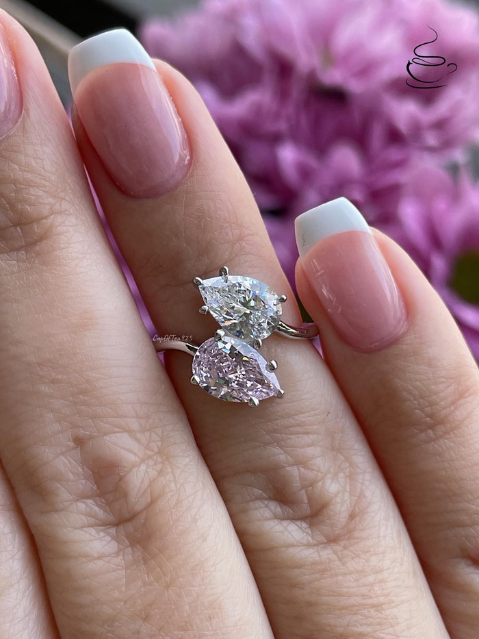 Sterling Silver 925 Toi et Moi engagement Ring, Pink stone ring, gift for her