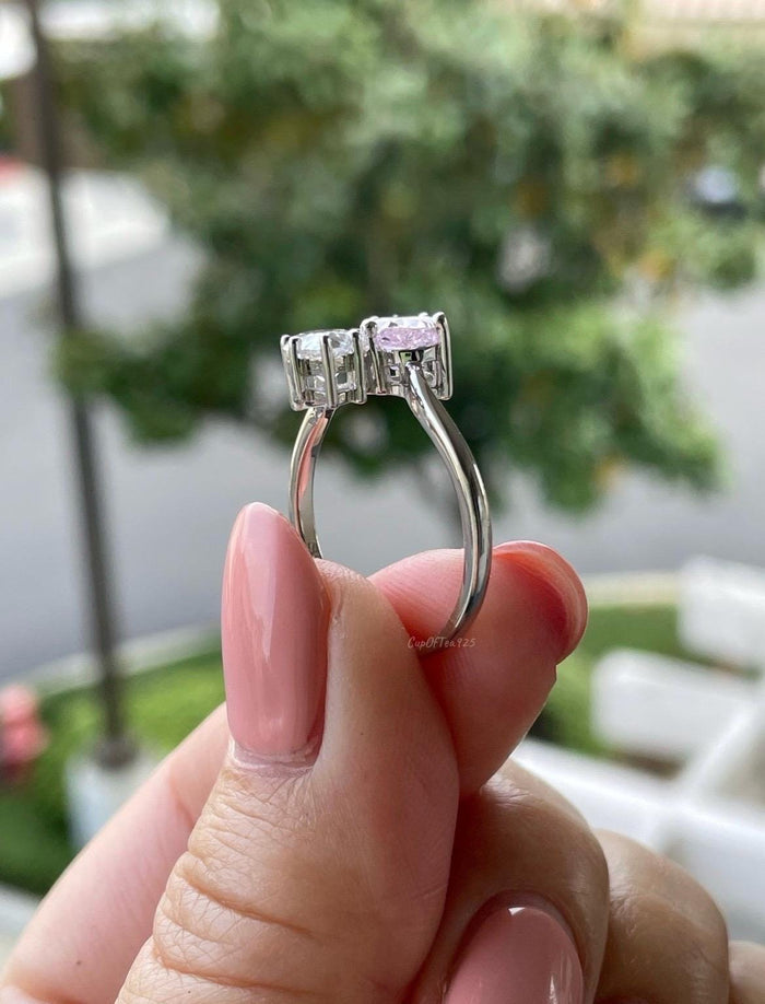 Sterling Silver 925 Toi et Moi engagement Ring, Pink stone ring, gift for her