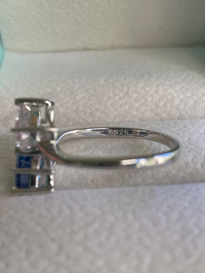 Sterling Silver 925 Toi et Moi engagement Ring with crushed ice blue sapphire