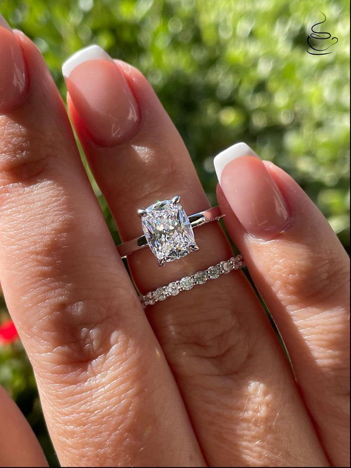 Sterling Silver 925, Yellow gold vermeil Bridal Set with 2.5 Elongated Simulated Diamond Cushion Cut engagement ring and half eternity band.
