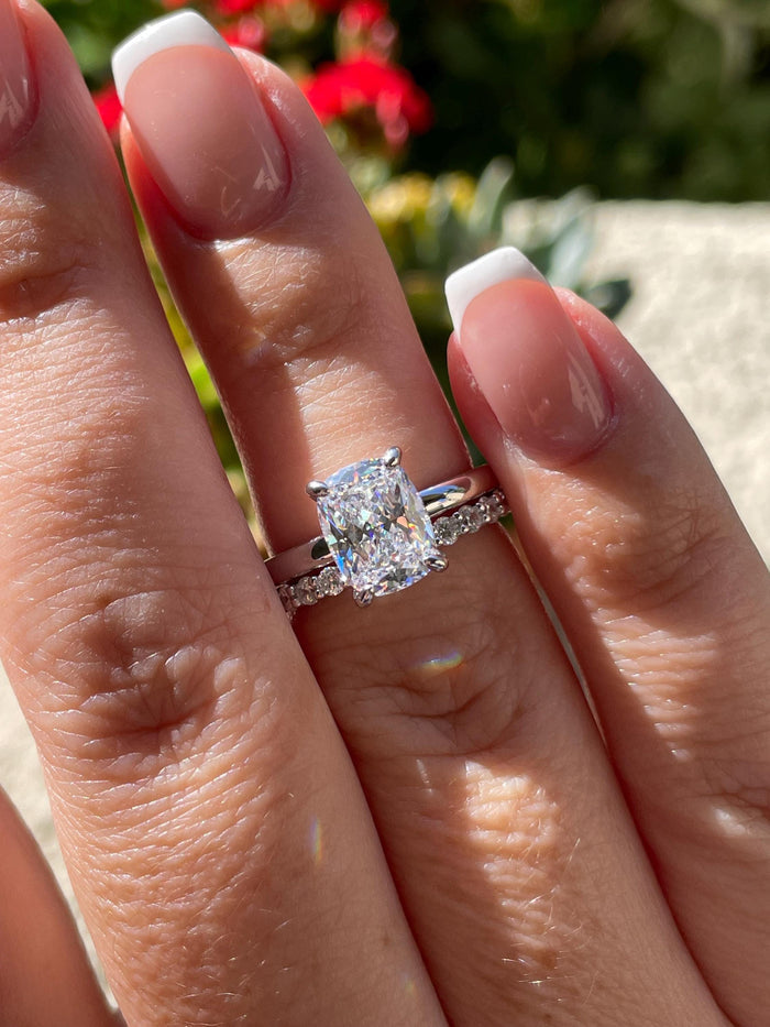 Sterling Silver 925, Yellow gold vermeil Bridal Set with 2.5 Elongated Simulated Diamond Cushion Cut engagement ring and half eternity band.