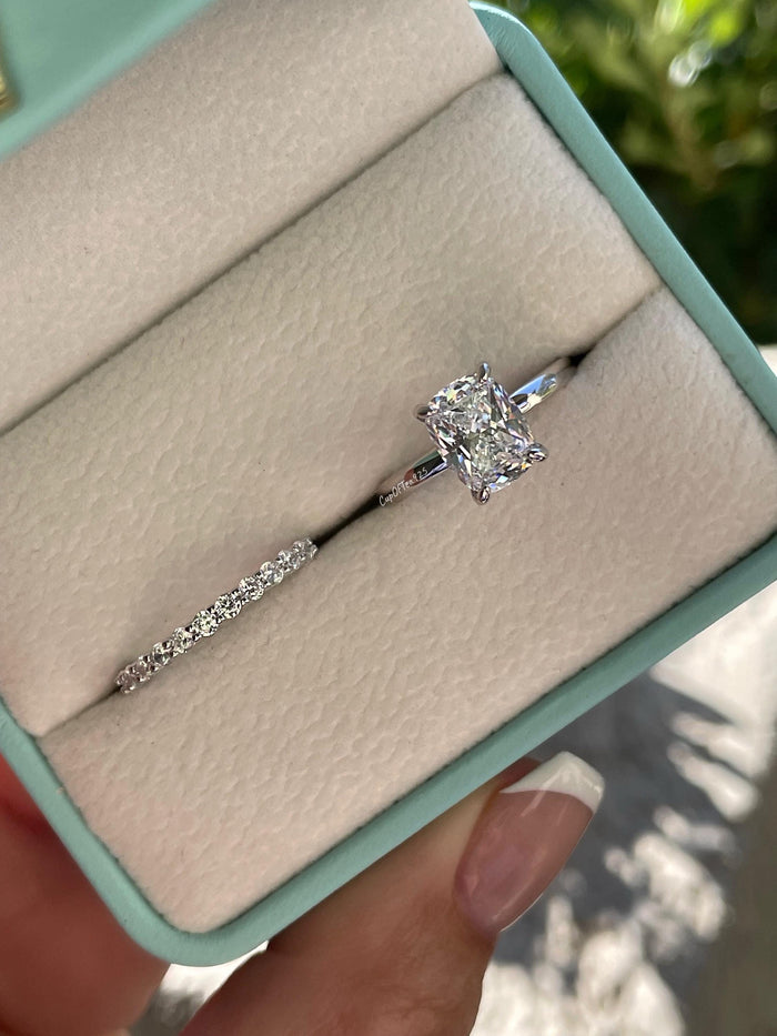 Sterling Silver 925, Yellow gold vermeil Bridal Set with 2.5 Elongated Simulated Diamond Cushion Cut engagement ring and half eternity band.