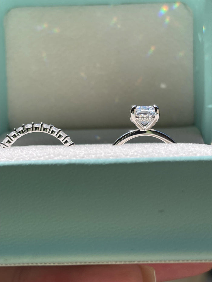 Sterling Silver 925, Yellow gold vermeil Bridal Set with 2.5 Elongated Simulated Diamond Cushion Cut engagement ring and half eternity band.