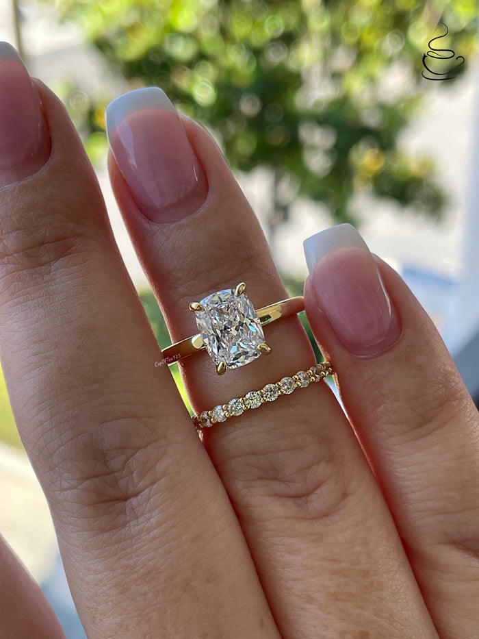 Sterling Silver 925, Yellow gold vermeil Bridal Set with 2.5 Elongated Simulated Diamond Cushion Cut engagement ring and half eternity band.