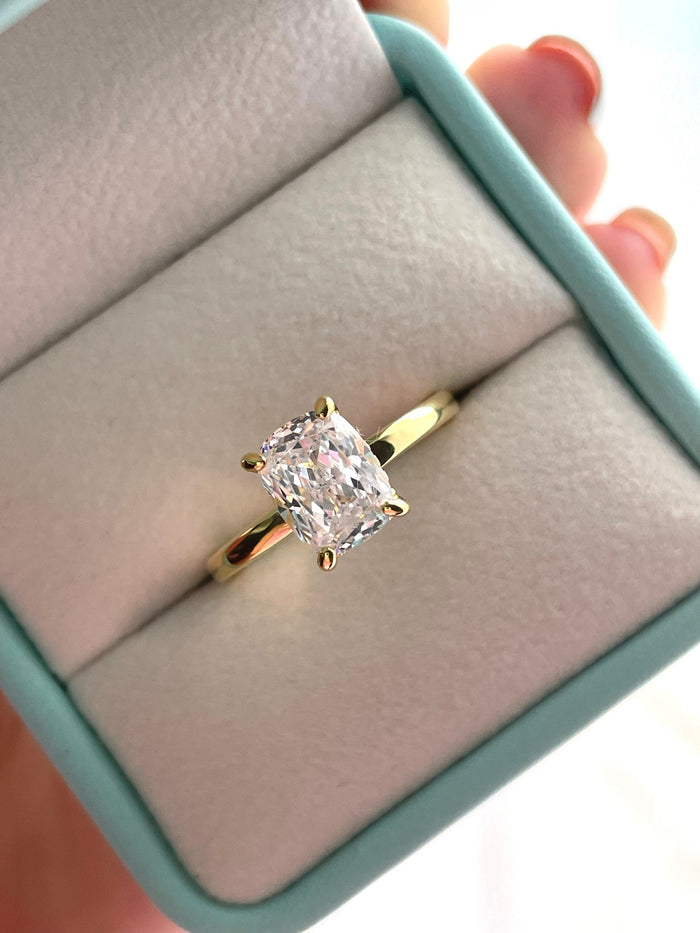 Sterling Silver 925, Yellow gold vermeil Bridal Set with 2.5 Elongated Simulated Diamond Cushion Cut engagement ring and half eternity band.