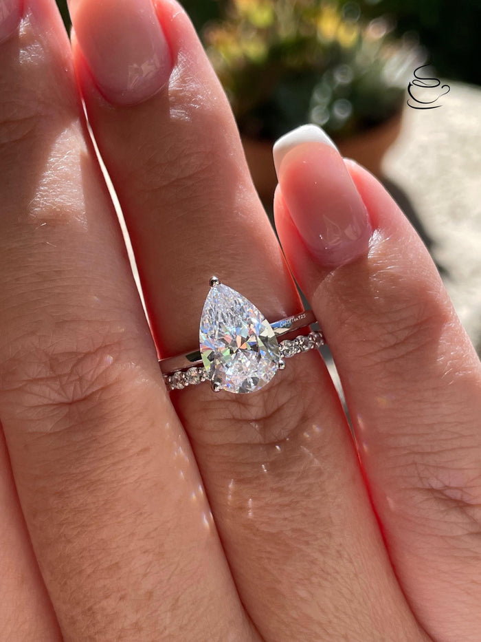 Sterling silver 925, Yellow gold vermeil bridal set with 2CT , 3CT pear cut CZ simulated diamond engagement ring and half eternity band