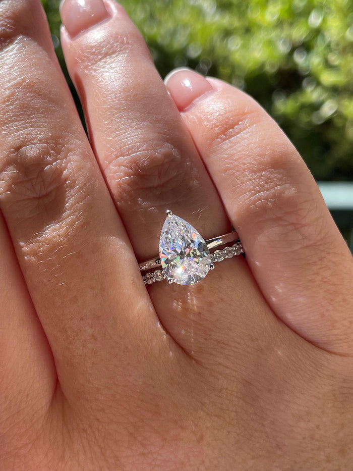 Sterling silver 925, Yellow gold vermeil bridal set with 2CT , 3CT pear cut CZ simulated diamond engagement ring and half eternity band