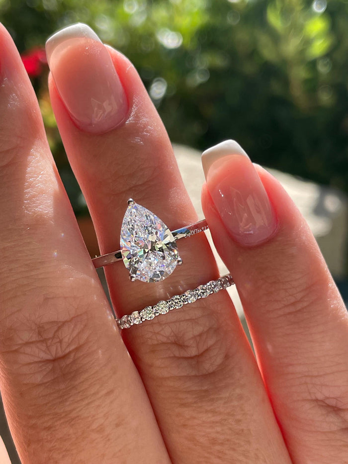 Sterling silver 925, Yellow gold vermeil bridal set with 2CT , 3CT pear cut CZ simulated diamond engagement ring and half eternity band