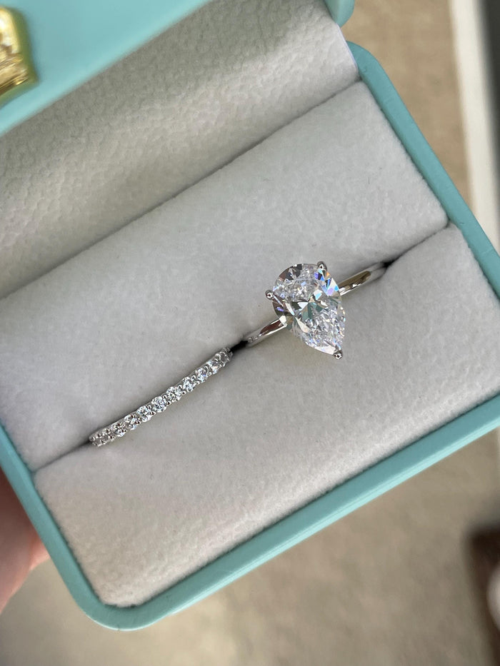 Sterling silver 925, Yellow gold vermeil bridal set with 2CT , 3CT pear cut CZ simulated diamond engagement ring and half eternity band