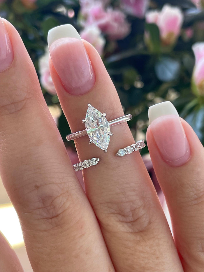 Sterling silver 925, yellow gold vermeil marquise cut engagement ring set with 1.5CT CZ simulated diamond and open band, wedding ring set