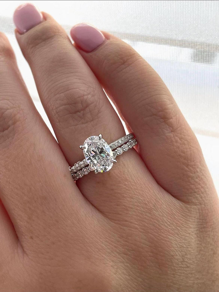 Sterling Silver Bridal Ring Set 2.5CT Oval CZ Hidden Halo, Half Eternity Band
