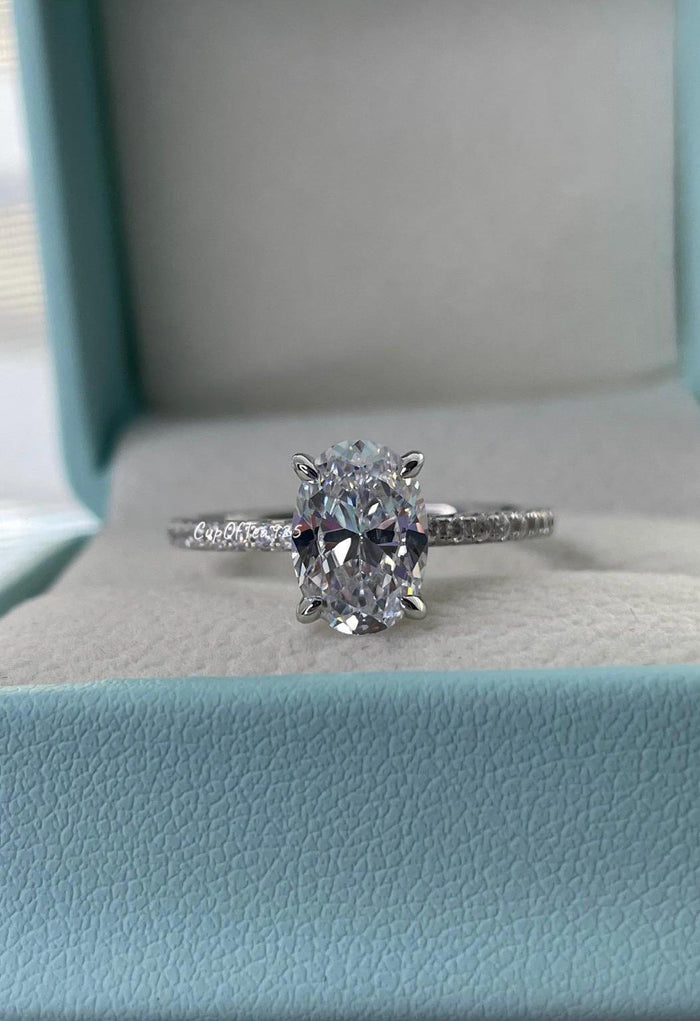 Sterling Silver Bridal Ring Set 2.5CT Oval CZ Hidden Halo, Half Eternity Band