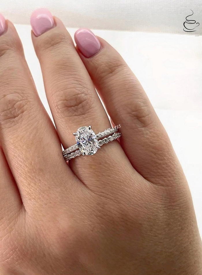 Sterling Silver Bridal Ring Set 2.5CT Oval CZ Hidden Halo, Half Eternity Band