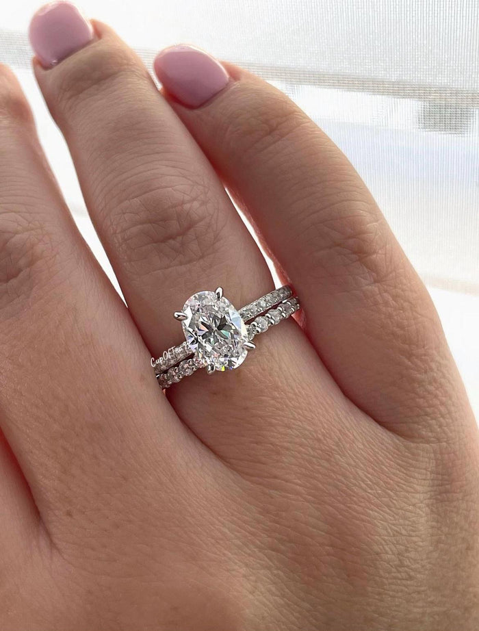 Sterling Silver Bridal Ring Set 2.5CT Oval CZ Hidden Halo, Half Eternity Band