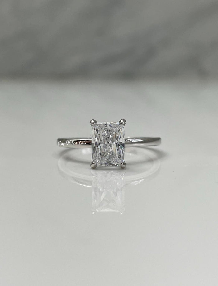 Sterling Silver Bridal Ring Set: 2CT Radiant CZ Solitaire, Moissanite Band