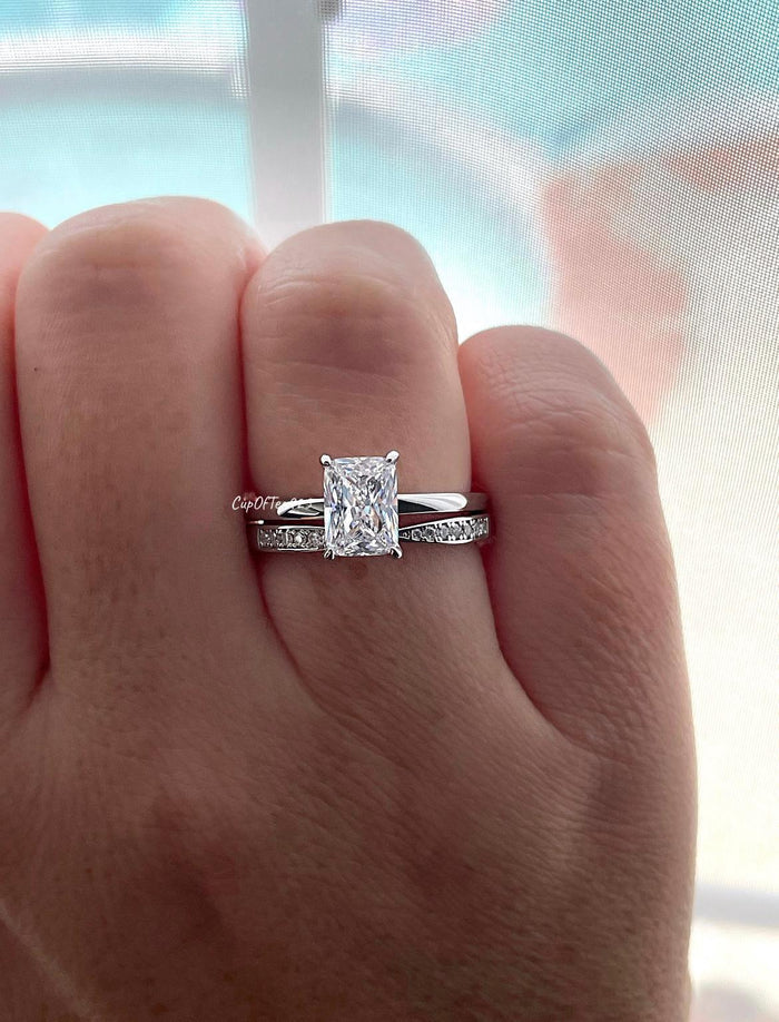 Sterling Silver Bridal Ring Set: 2CT Radiant CZ Solitaire, Moissanite Band