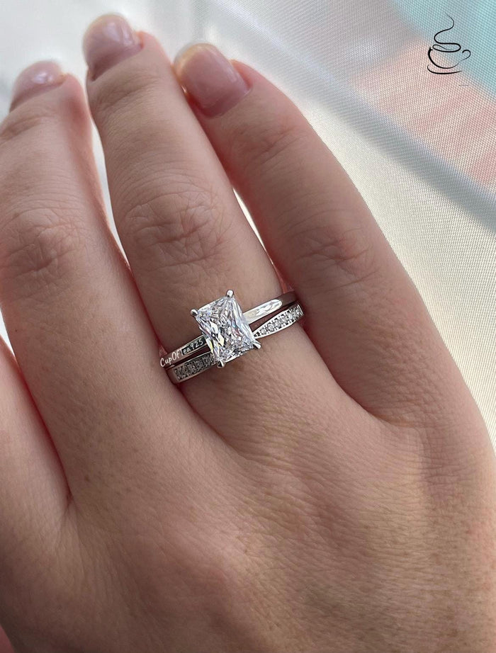 Sterling Silver Bridal Ring Set: 2CT Radiant CZ Solitaire, Moissanite Band