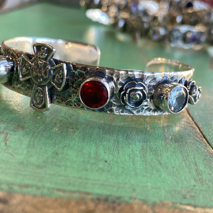 Sterling Silver Five Way Cross Crystal Cuff